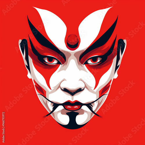 Realistic Asian Mask with Red and Black Details
