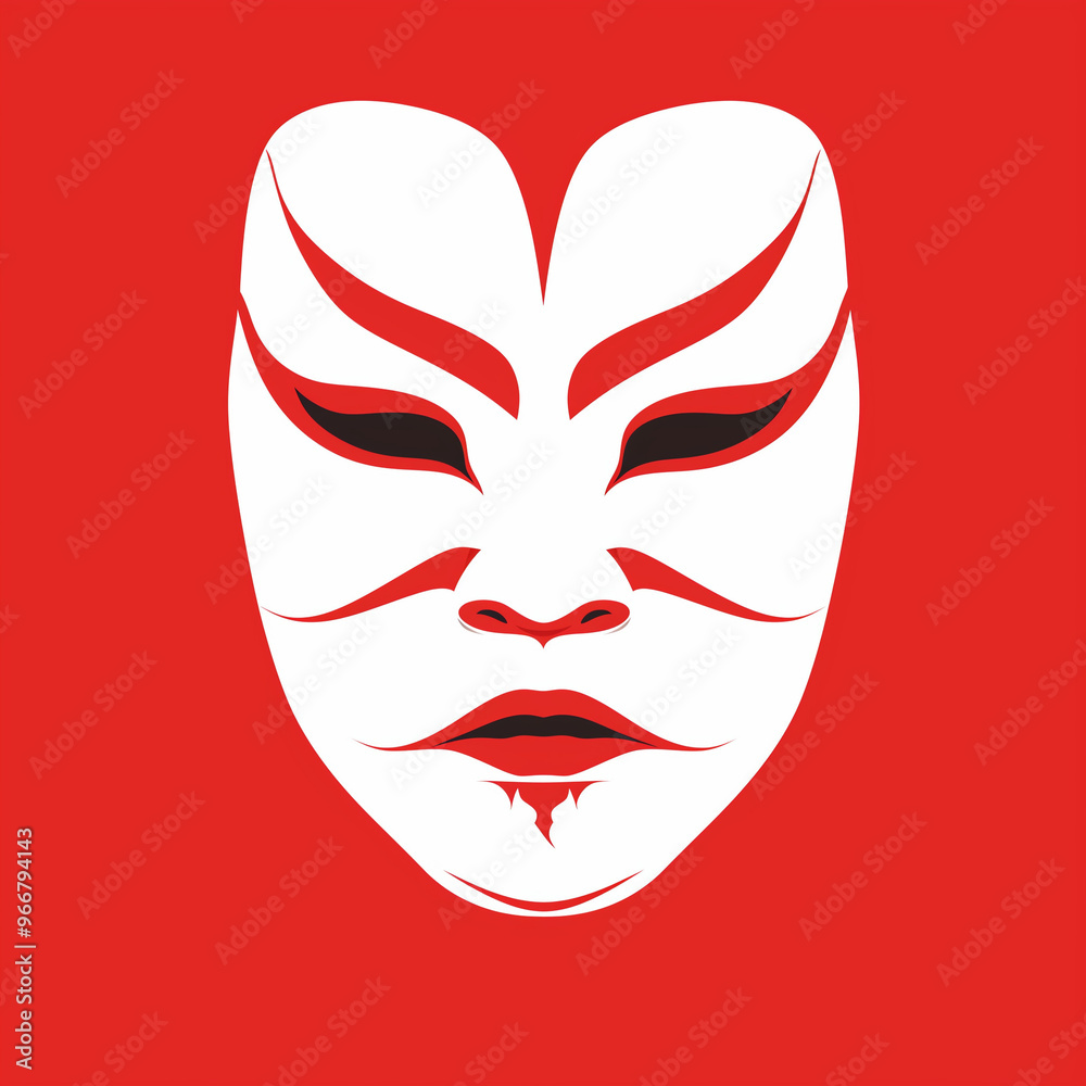 Bold White Mask with Symmetrical Red and Black Markings
Bold White Mask with Symmetrical Red and Black Markings