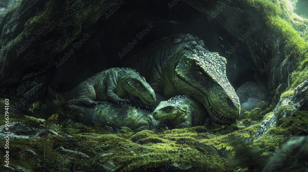 Dinosaur Family Nestled in Mossy Cave Dinosaur Family Nestled in Mossy Cave