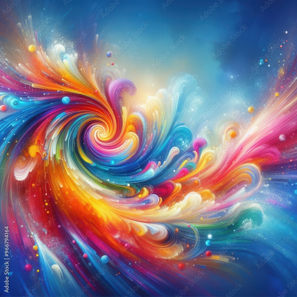 Fototapeta premium a vibrant and colorful abstract image featuring swirling rainbow colors, with a mix of bright splashes and sparkles against a serene blue background, evoking a sense of dynamic movement and energy