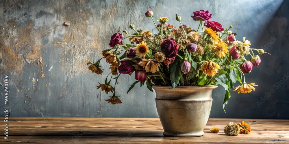 A worn, forgotten bouquet of wilted flowers slumps over the edge of a dusty, cracked vase, exuding a sense of neglect and defeated optimism. A worn, forgotten bouquet of wilted flowers slumps over the edge of a dusty, cracked vase, exuding a sense of neglect and defeated optimism.