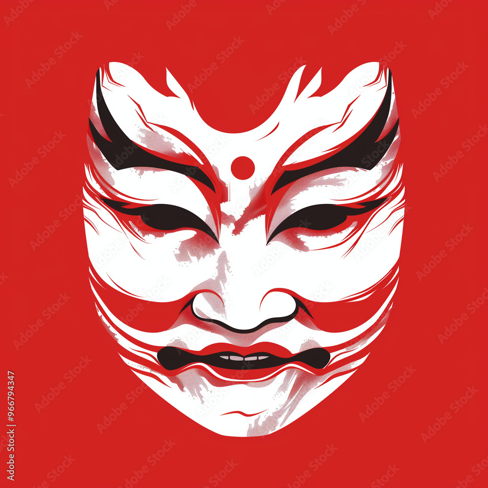 Textured White Mask with Red and Black Brushstroke Effects
