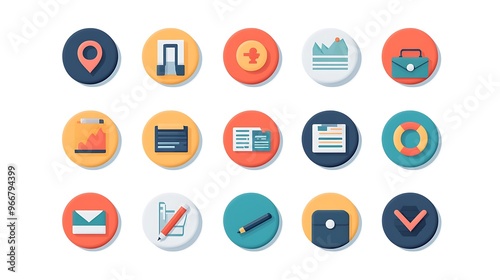 Flat vector icon set for a job search app, featuring icons for different types of job listings like full-time, part-time, and contract with a professional and clean design. 