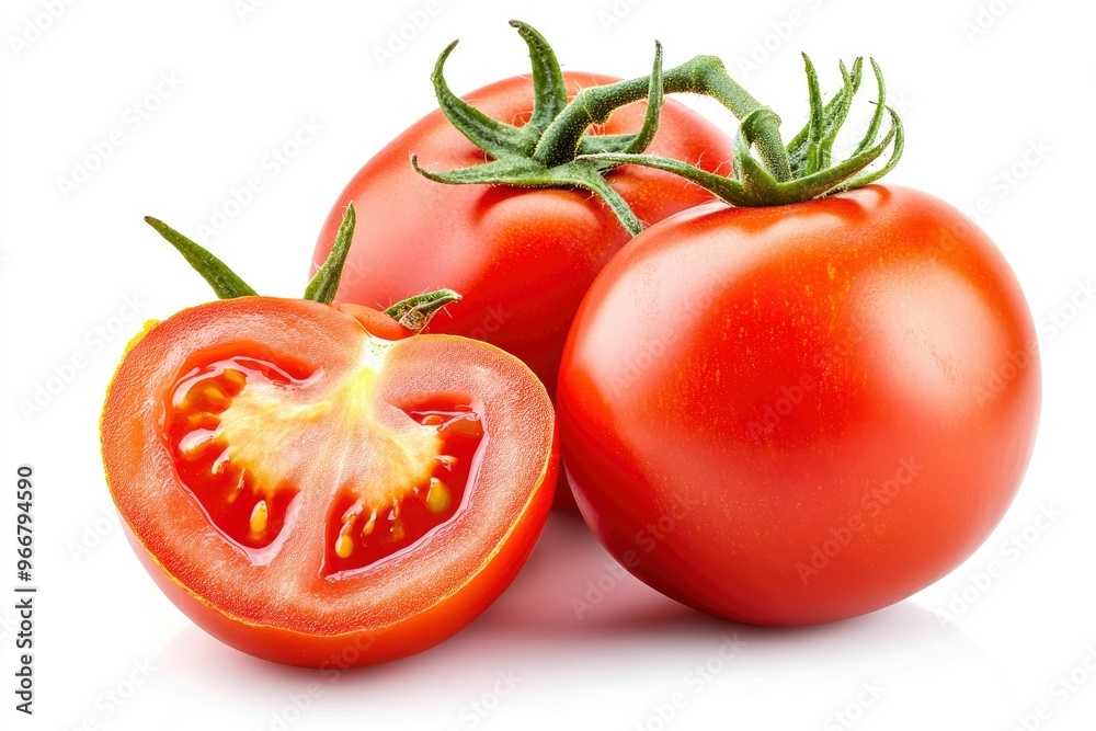 Tomato vegetables isolated on white background. One whole tomato and cut slice , ai Tomato vegetables isolated on white background. One whole tomato and cut slice , ai