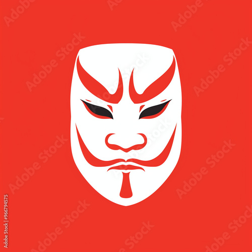 Minimalist White Mask with Red Markings on Red Background
