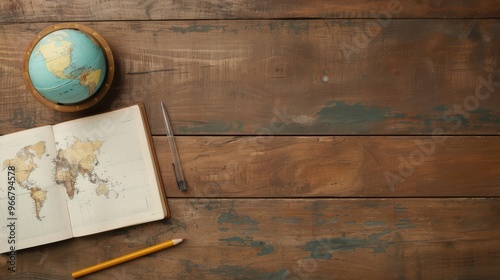 Wooden table with a globe, maps, and travel journals, wooden table, explorers desk