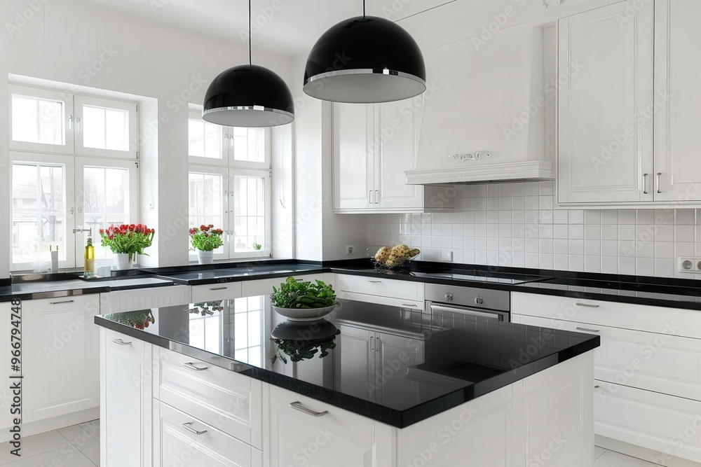 Fototapeta premium White kitchen with black granite countertops and pendant lighting, bold contrast and sleek style, white kitchen, monochrome sophistication