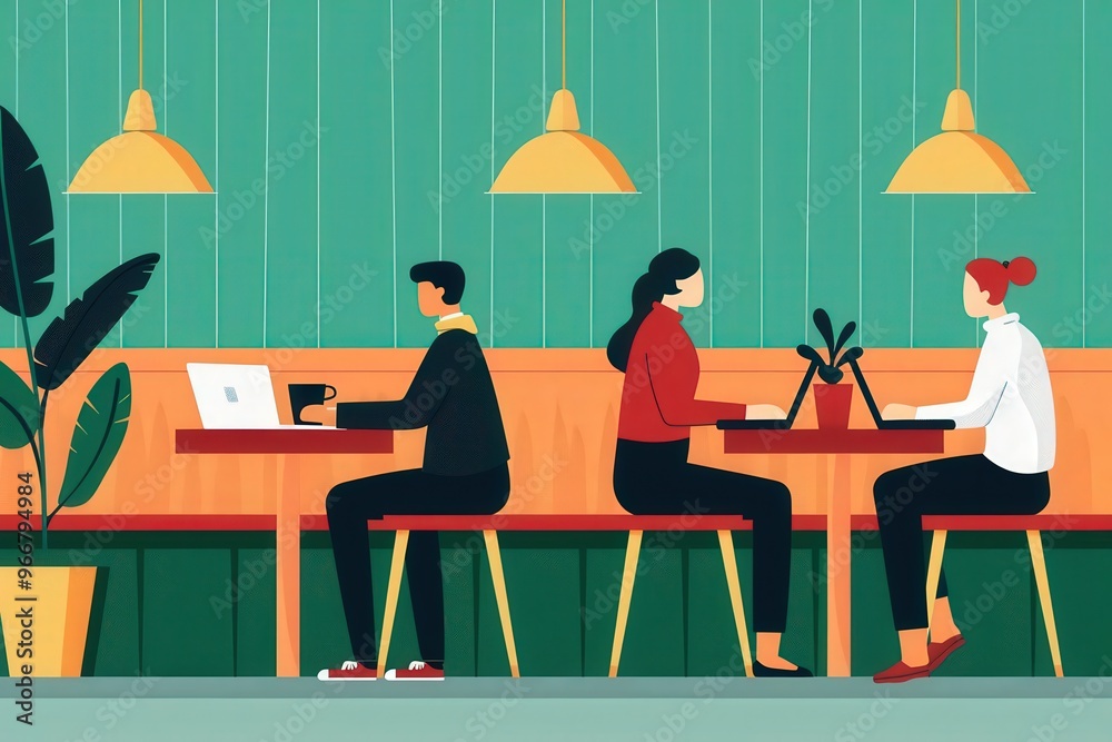 Cozy coffee shop, people working on laptops, flat design illustration Cozy coffee shop, people working on laptops, flat design illustration