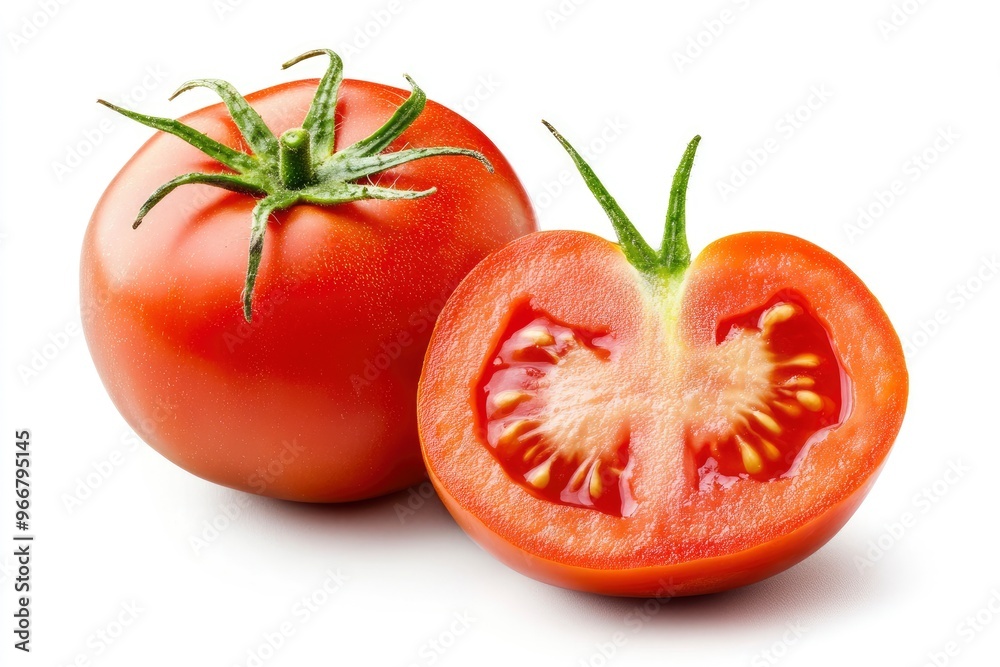 Tomato vegetables isolated on white background. One whole tomato and cut slice , ai Tomato vegetables isolated on white background. One whole tomato and cut slice , ai