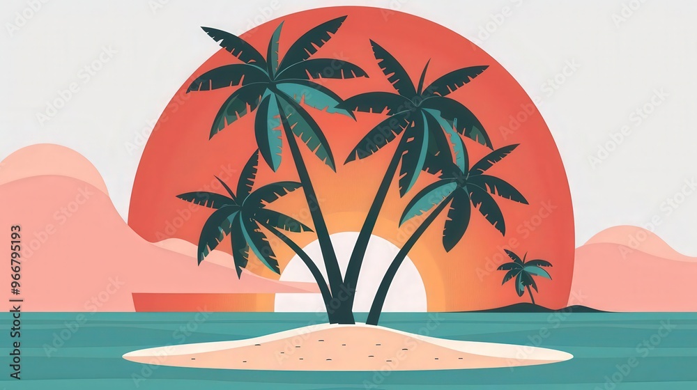 Fototapeta premium Tropical island, sandy beach and coconut trees, flat design illustration