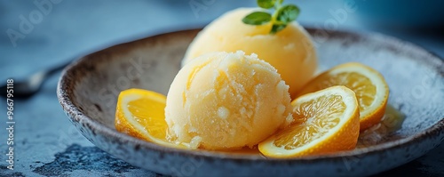 Yuzu sorbet served in a halved yuzu fruit, Japanese food, citrus dessert photo