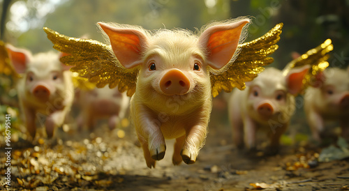 “Cinematic Still of Flying Pigs with Wings” 