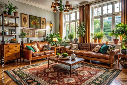 Beautifully styled living room with vintage furniture, patterned rug, and eclectic decorations showcasing a creative and resourceful DIY interior design approach. photo