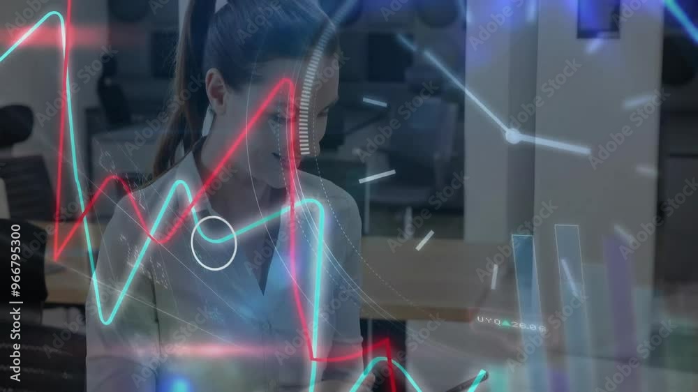 Animation of financial data processing with world map over caucasian businesswoman using tablet