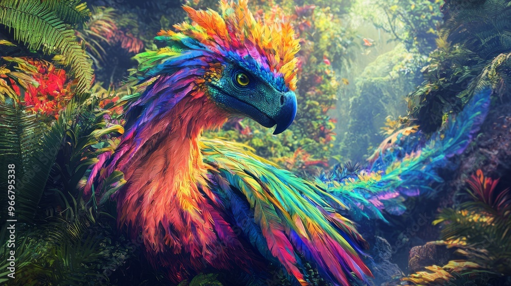 Fototapeta premium Rainbow Dromaeosaur In Tropical Forest
