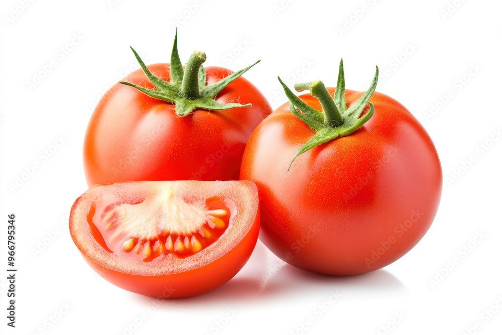 Tomato vegetables isolated on white background. One whole tomato and cut slice , ai Tomato vegetables isolated on white background. One whole tomato and cut slice , ai