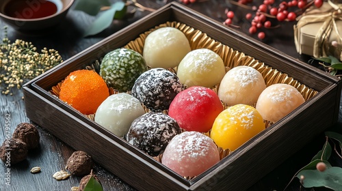 Assorted flavors of Japanese mochi with fillings, presented in a beautiful box, Japanese food, gift box photo