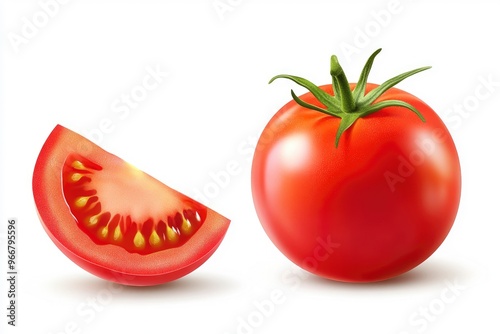 Tomato vegetables isolated on white background. One whole tomato and cut slice , ai