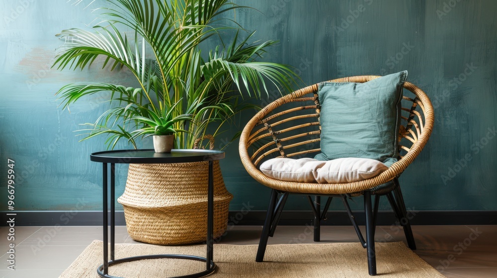 Tropical Elegance: Minimalistic Living Room with Rattan Armchair and Tropical Plant Tropical Elegance: Minimalistic Living Room with Rattan Armchair and Tropical Plant