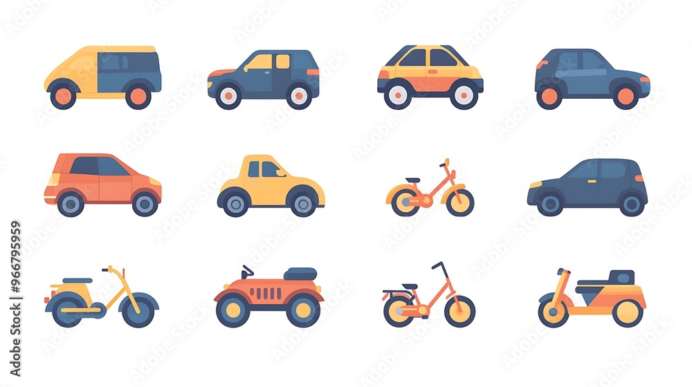 Flat vector icon set for a transportation app, featuring icons for different types of private transportation like cars, motorcycles, and bicycles with a modern and user-friendly design. Flat vector icon set for a transportation app, featuring icons for different types of private transportation like cars, motorcycles, and bicycles with a modern and user-friendly design.