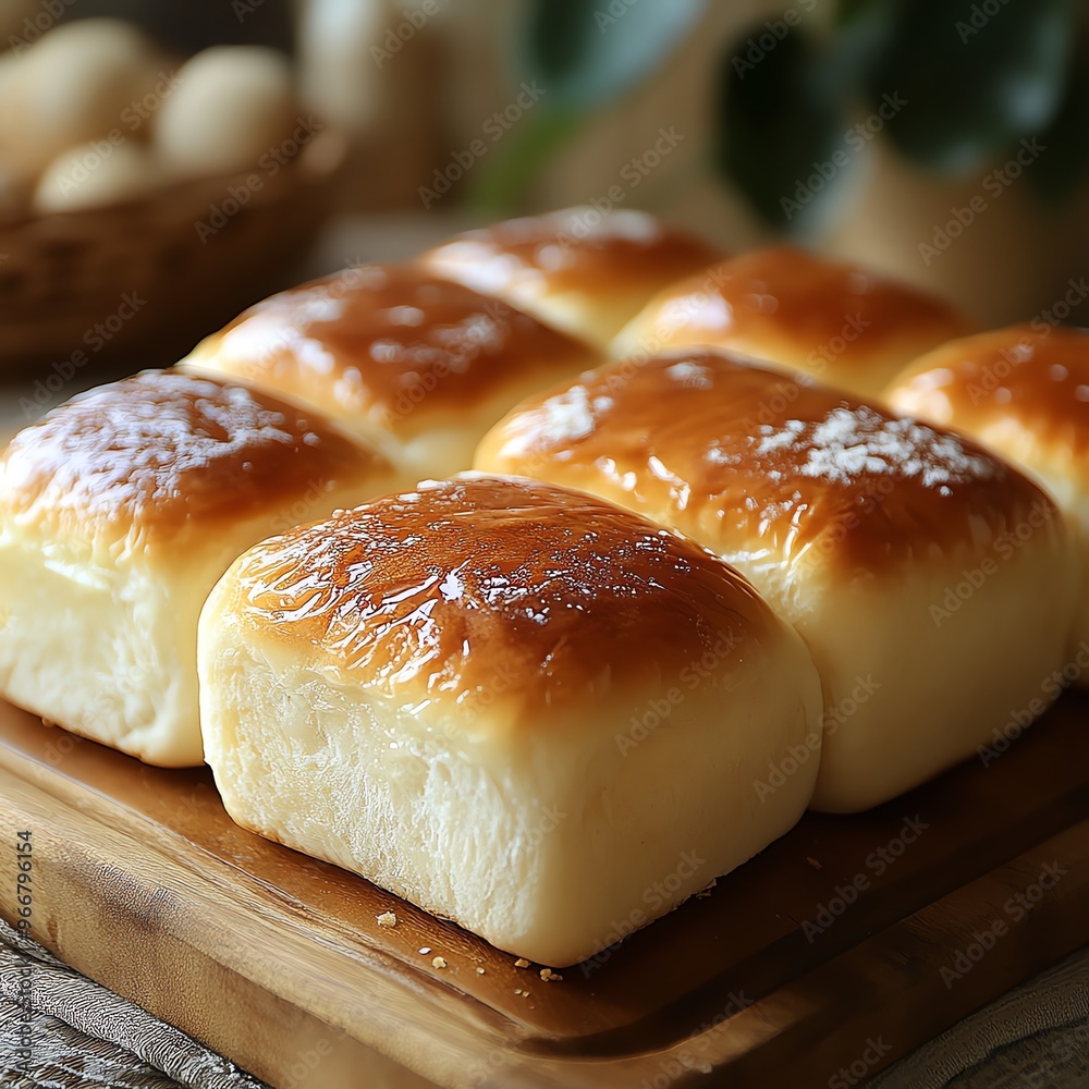 Freshly baked Japanese bread shokupan with a soft texture, Japanese food, bakery item Freshly baked Japanese bread shokupan with a soft texture, Japanese food, bakery item