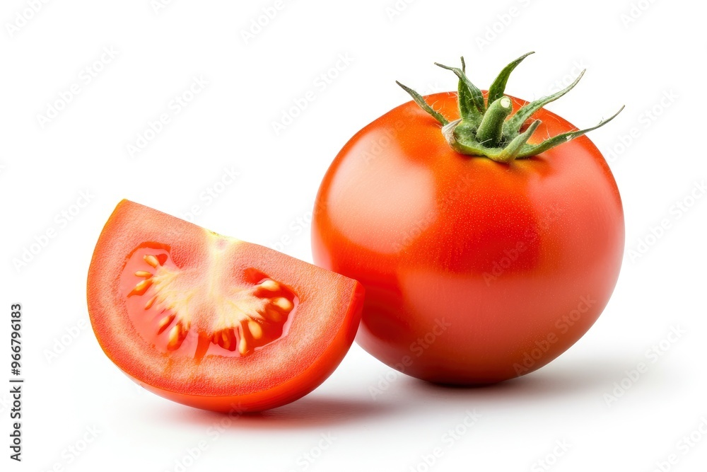 Tomato vegetables isolated on white background. One whole tomato and cut slice , ai
