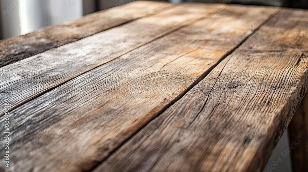 Fototapeta premium Weathered wooden plank table with natural wear and tear, providing an authentic and charming backdrop