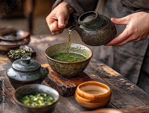 Freshly brewed sencha tea being served in a traditional setting, Japanese food, cultural beverage photo