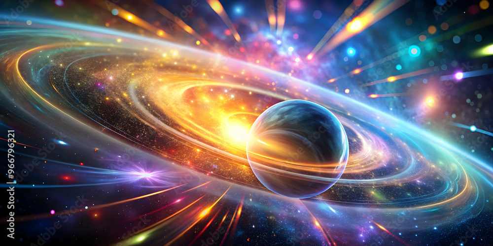 Obraz premium Cosmic Dance of Light: A vibrant celestial tableau featuring a swirling galaxy, illuminating streaks, and a captivating planet, ideal for projects on space, energy, and the cosmos. 