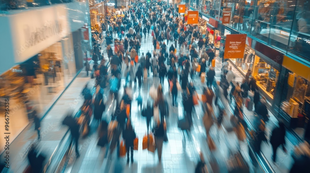 Obraz premium Dynamic crowd of shoppers with bags and discount banners, Black Friday, frenzy of deals