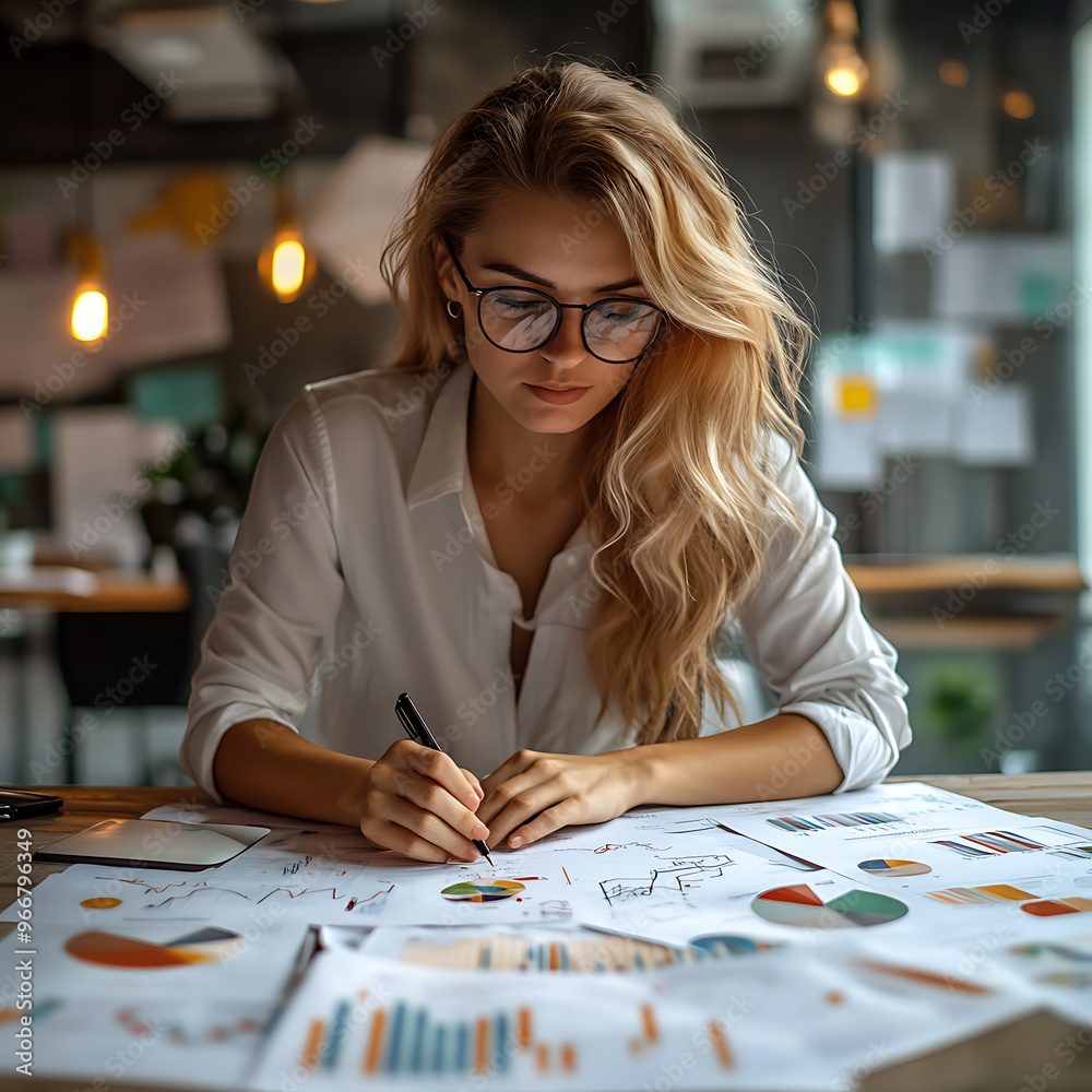Fototapeta premium A woman is writing on a piece of paper with a pen