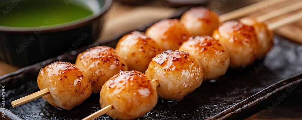 Freshly made dango sweet rice dumplings on skewers, served with green tea, Japanese food, traditional sweet Freshly made dango sweet rice dumplings on skewers, served with green tea, Japanese food, traditional sweet