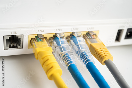 Ethernet cable with wireless router connect to internet service provider internet network.