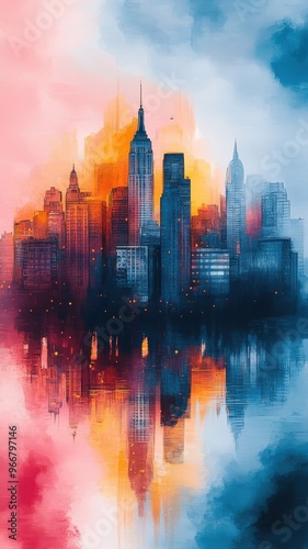 Watercolor style city with soft gradients and vibrant buildings.