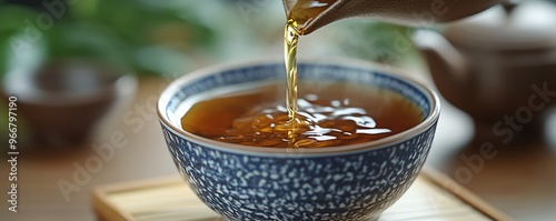 Hojicha tea being poured into a traditional Japanese cup, Japanese food, aromatic beverage
