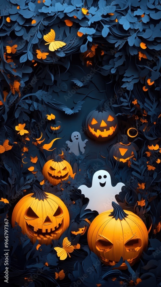 Halloween scene with paper art, intricate cut-out pumpkins, spooky ghosts, layered textures, artistic design. Halloween scene with paper art, intricate cut-out pumpkins, spooky ghosts, layered textures, artistic design.