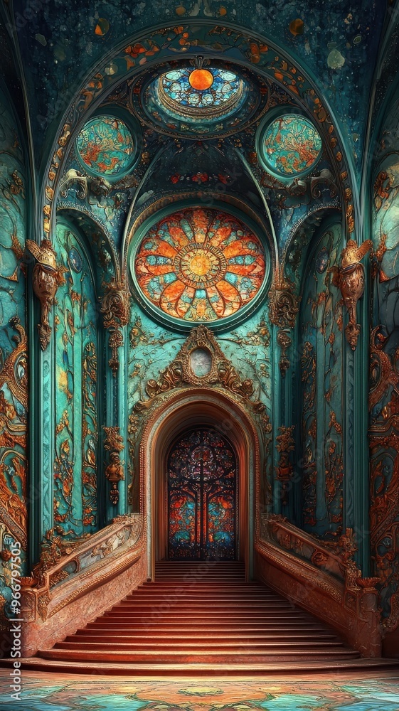 Fototapeta premium Celebration in Art Nouveau, ornate decorations, flowing lines, elegant forms, intricate patterns, festive ambiance.