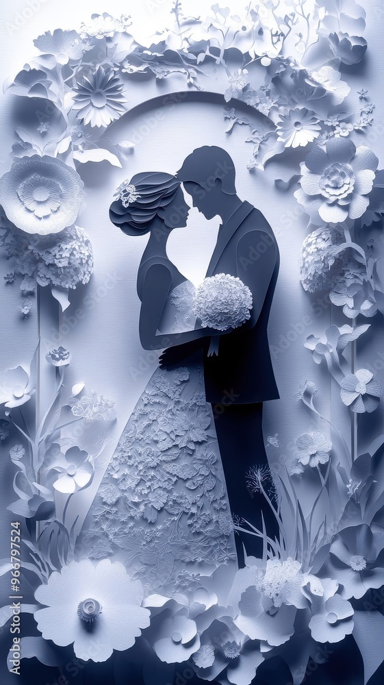 Wedding scene with paper art, delicate cut-outs, elegant decorations, intricate details, romantic ambiance. Wedding scene with paper art, delicate cut-outs, elegant decorations, intricate details, romantic ambiance.