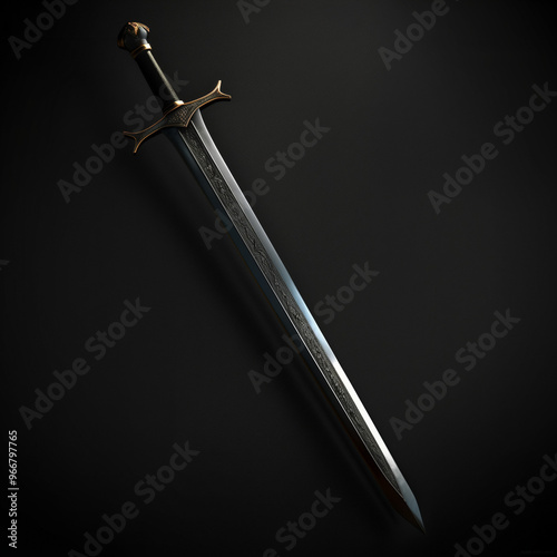 Sword with Golden Hilt and Blade on Dark Background 