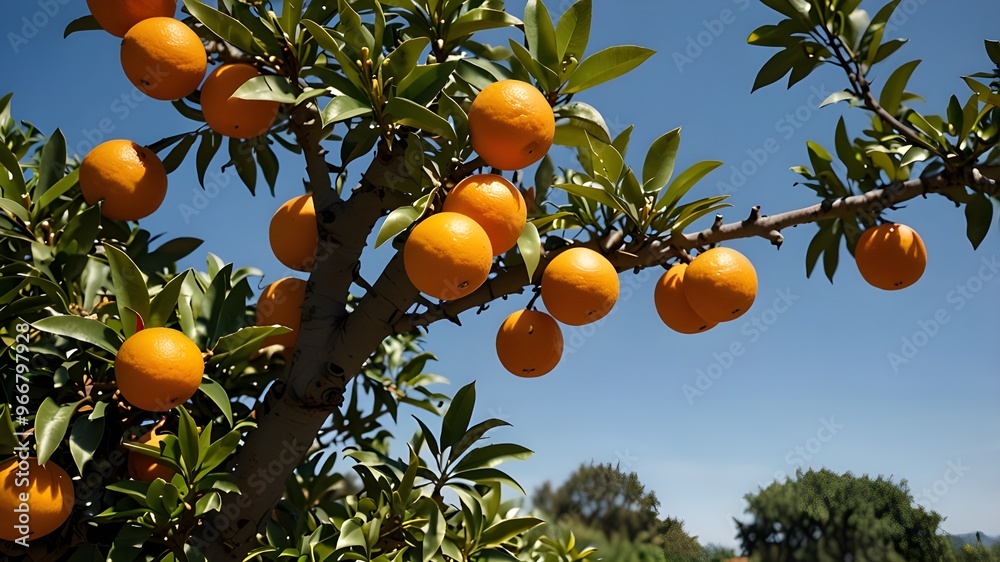 A mandarin orange tree bursting with juicy fruit, its branches reaching towards the bright blue sky, beckoning you to take a bite. A mandarin orange tree bursting with juicy fruit, its branches reaching towards the bright blue sky, beckoning you to take a bite.