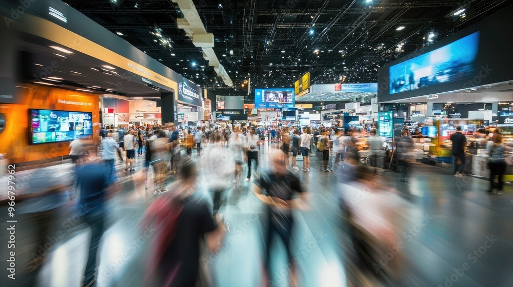 Dynamic trade show floor with motion blur of attendees, highlighting the vibrant energy of industry events Dynamic trade show floor with motion blur of attendees, highlighting the vibrant energy of industry events