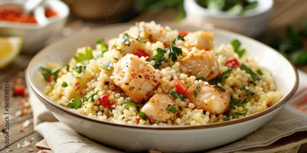 Traditional Couscous with Fish in a White Bowl Traditional Couscous with Fish in a White Bowl