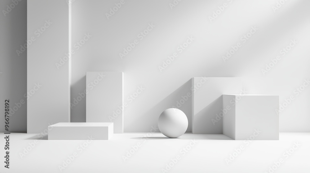 Minimalist White Geometric Shapes in Bright Studio with Soft Shadows and Clean Lines Minimalist White Geometric Shapes in Bright Studio with Soft Shadows and Clean Lines