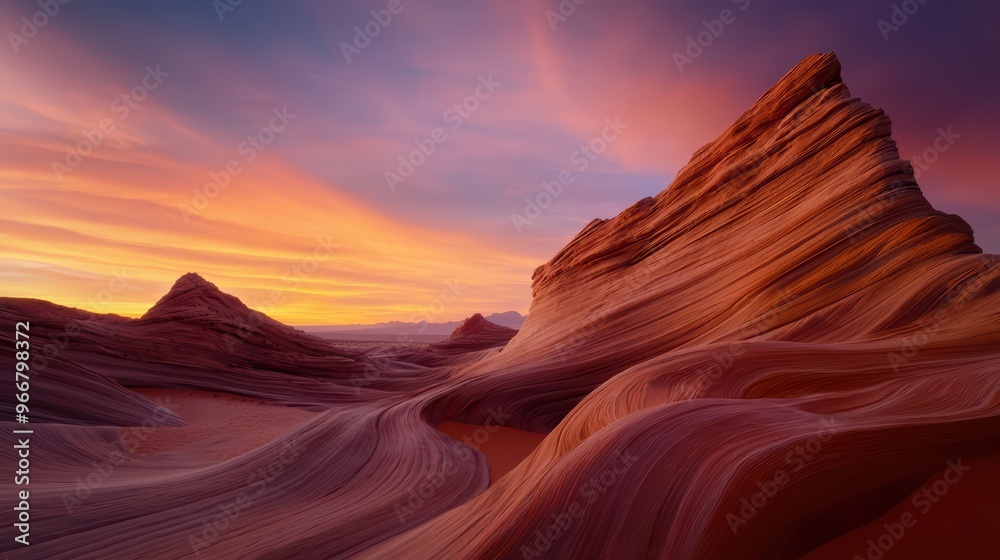 Naklejka premium Stunning Sunset Over the Wave Rock Formation in Arizona Desert with Vibrant Sky and Unique Sandstone Patterns