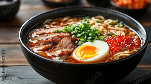 Ramen bowl with rich broth, topped with chashu pork and softboiled egg, Japanese food, noodle delight