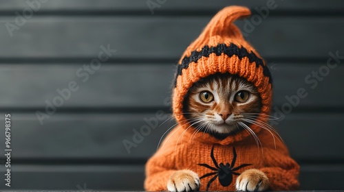 A Charming Cat in a Pumpkin Costume with a Spider Design Perfect for Halloween Festivities. Animal in Halloween Costume Concept photo