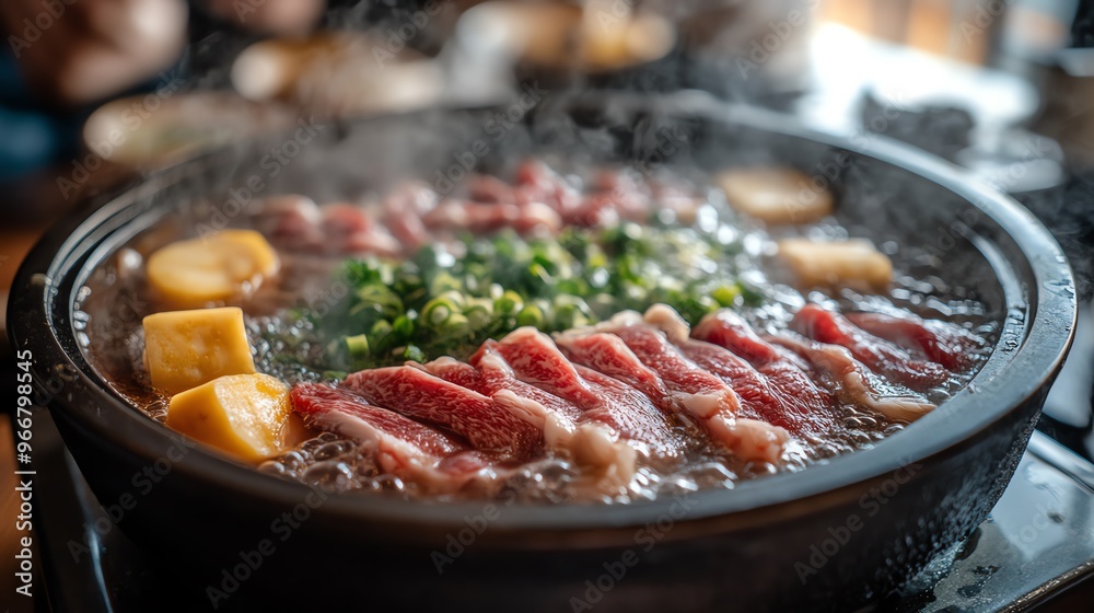 Shabushabu hot pot with thinly sliced meat and vegetables, Japanese food, communal dining