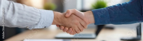 Happy customer shaking hands with a service provider in an office, successful service, trust, client relations