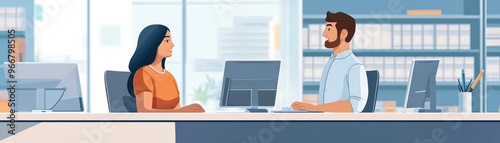 Professional service agent helping a customer at a sleek service desk, client assistance, satisfaction, service excellence