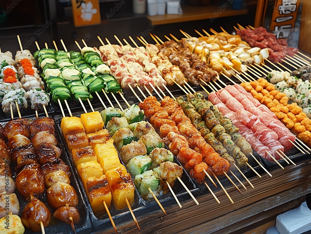 Street food stall with a variety of Japanese skewers on display, Japanese food, vibrant market scene Street food stall with a variety of Japanese skewers on display, Japanese food, vibrant market scene